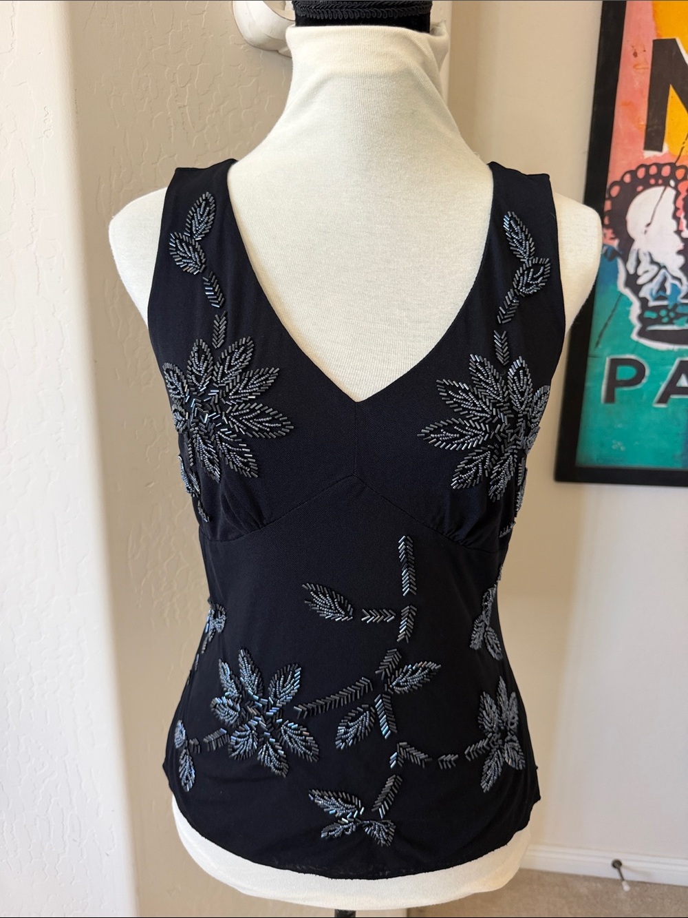 Vintage INC Floral Beaded Black V-Neck Women's Tank Top Size Medium